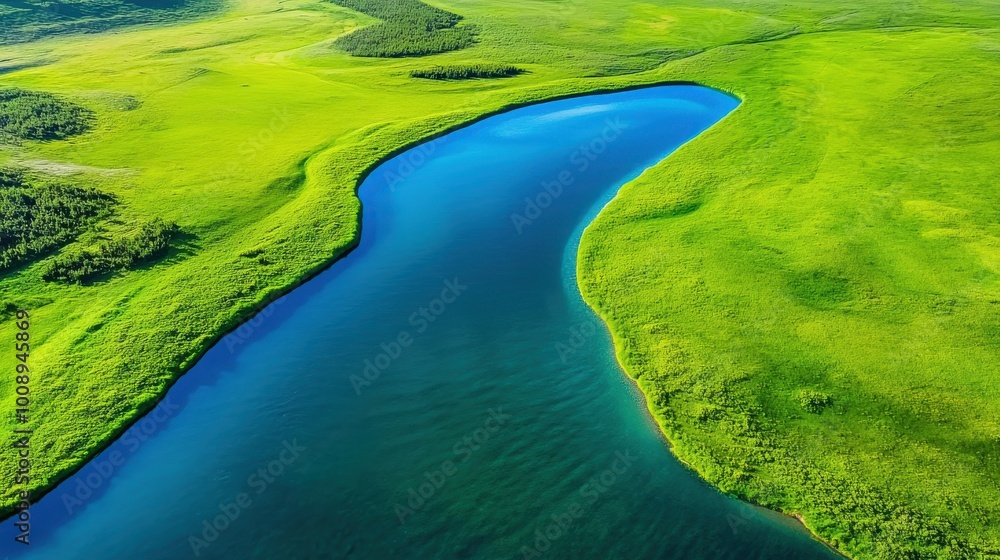Aerial View of Vibrant Green Landscape and Blue River Aerial View of Vibrant Green Landscape and Blue River