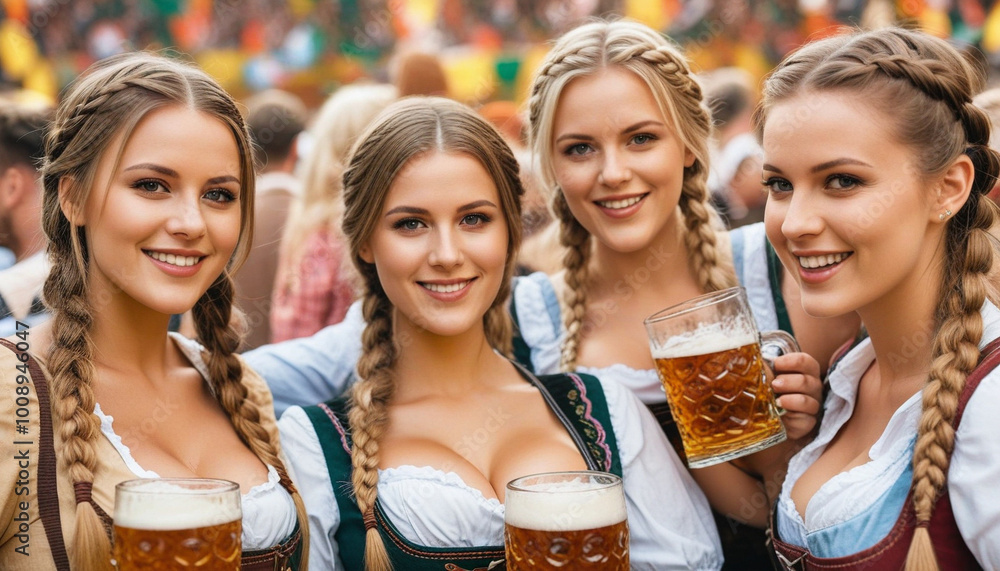 Young sexy Oktoberfest girl waitress, wearing a traditional Bavarian or German dirndl. Celebrating Oktoberfest