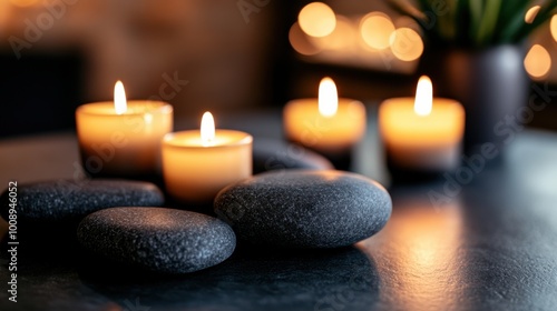 Tranquil Scene with Candles and Smooth Stones