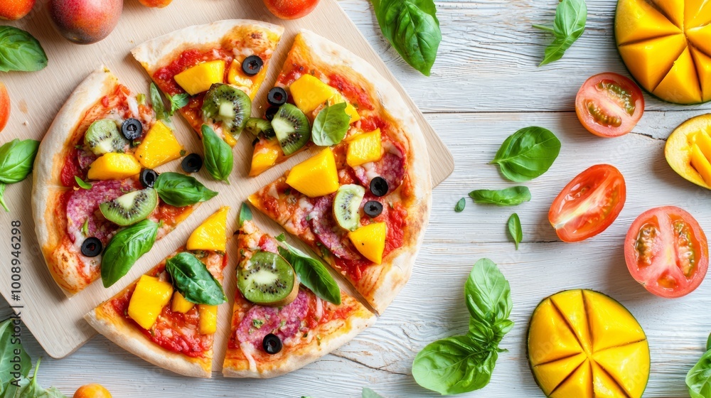 Top-down view of a veggie pizza with mixed berries--blueberries, raspberries--placed around it on a wooden floor. Top-down view of a veggie pizza with mixed berries--blueberries, raspberries--placed around it on a wooden floor.