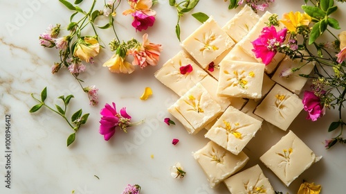 Wallpaper Mural An inviting arrangement of kaju katli with fresh flowers, set against a clean surface that allows for a generous area for captions or promotional use Torontodigital.ca