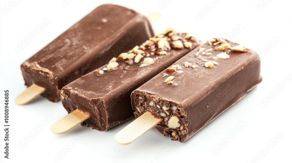 Chocolate popsicle with almond coating, isolated on a bright white background Chocolate popsicle with almond coating, isolated on a bright white background