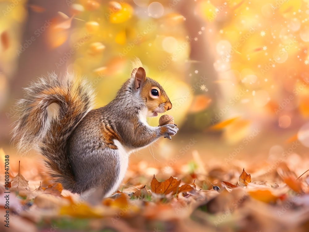Cautious Squirrel Nibbling Acorn in Autumn Foliage Backdrop Cautious Squirrel Nibbling Acorn in Autumn Foliage Backdrop