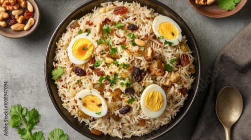 Wallpaper Mural An inviting top view of chicken pulao garnished with fried onions, boiled egg slices, nuts, and raisins, Torontodigital.ca