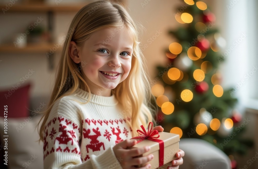 little blonde girl in a sweater against the backdrop of a New Year tree, holding a gift made of craft paper and smiling, looking into the camera little blonde girl in a sweater against the backdrop of a New Year tree, holding a gift made of craft paper and smiling, looking into the camera