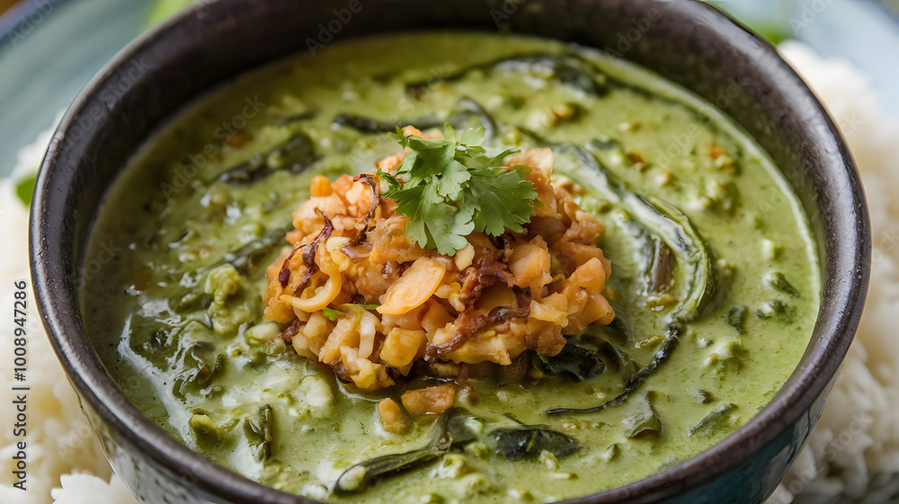 A deep bowl of Molokhia stew, vibrant green and slightly viscous, topped with fried garlic and coriander for an aromatic touch. Served with white rice on the side.
A deep bowl of Molokhia stew, vibrant green and slightly viscous, topped with fried garlic and coriander for an aromatic touch. Served with white rice on the side.