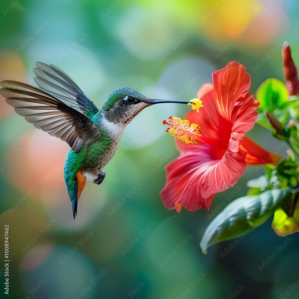Naklejka premium Hummingbird Sipping Nectar from a Vibrant Red Flower in Mid flight with Blurred Wings