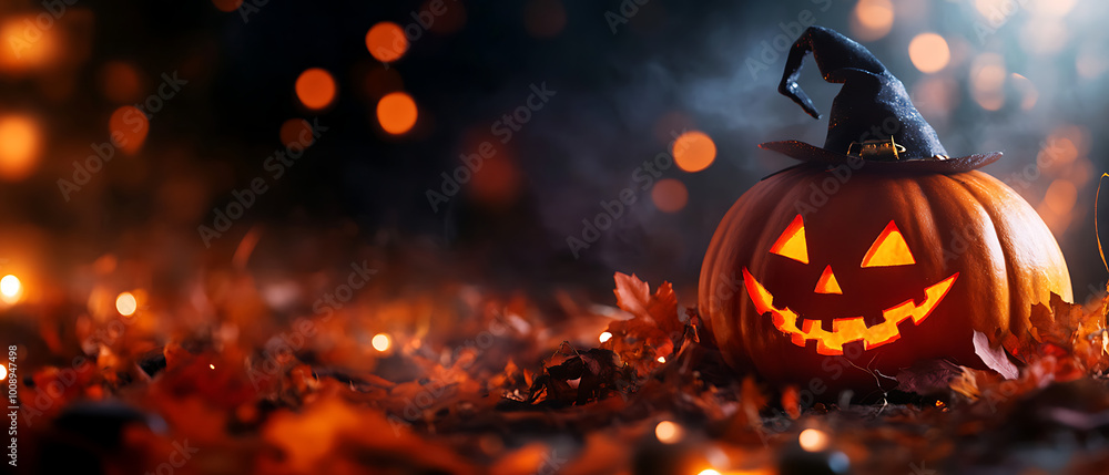 Spooky Halloween pumpkin with glowing face, surrounded by autumn leaves. Spooky Halloween pumpkin with glowing face, surrounded by autumn leaves.