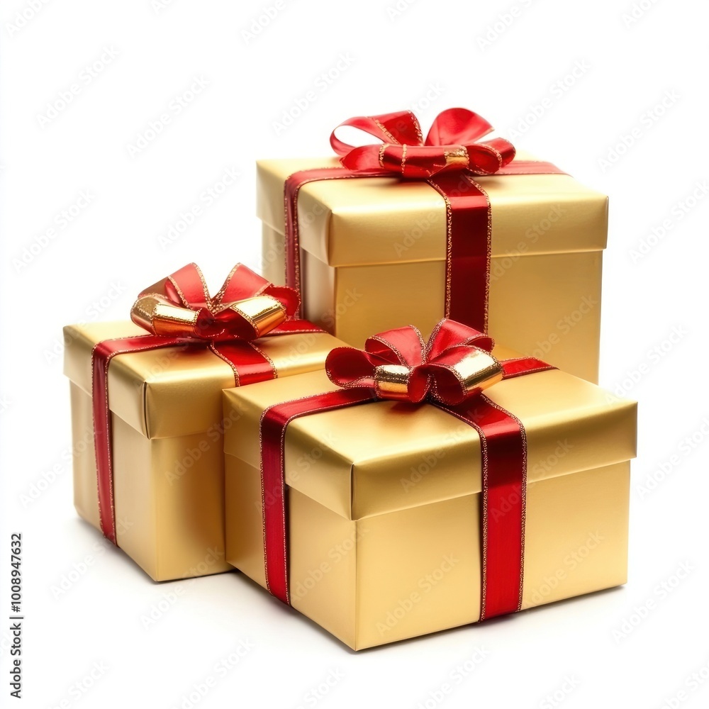 Fototapeta premium 3 golden gift boxes with red ribbons packaging presents wrapping.