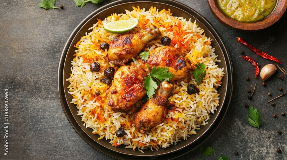 An overhead view of a Chicken Biryani dish served in a traditional plate, with a soft-focus background An overhead view of a Chicken Biryani dish served in a traditional plate, with a soft-focus background