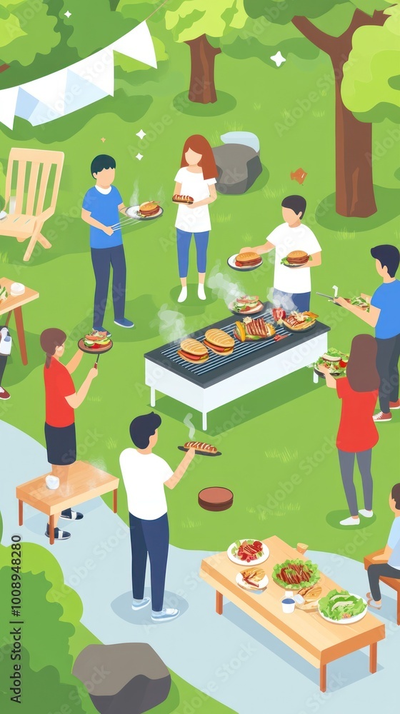 Fototapeta premium A lively outdoor barbecue gathering with people enjoying food and socializing.