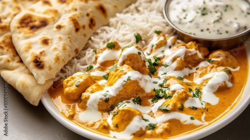 Close-up of a delicious serving of chicken korma, drizzled with cream and surrounded by naan and rice,