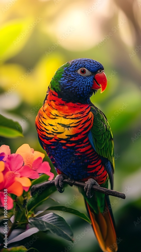 Obraz premium Colorful bird with blooming flowers scenic landscape photos