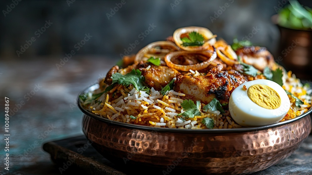 Close-up of spicy Indian chicken biryani served in a traditional copper dish, garnished with fried onions, cilantro, and a boiled egg, Close-up of spicy Indian chicken biryani served in a traditional copper dish, garnished with fried onions, cilantro, and a boiled egg,