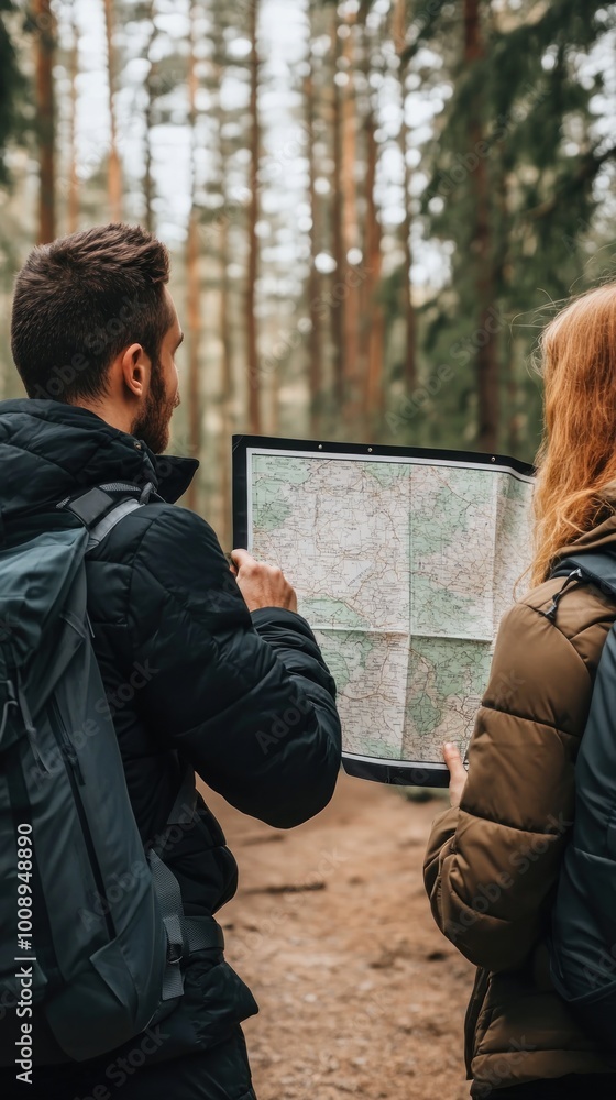 Fototapeta premium Two hikers examining a map in a forested area, planning their route.