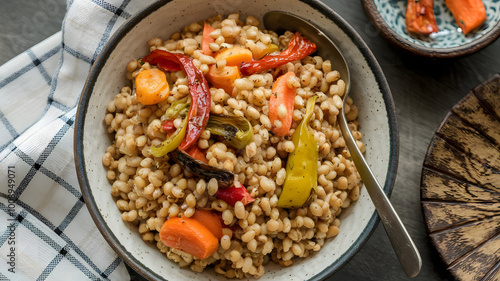 A hearty bowl of freekeh grain topped with roasted carrots and peppers. The chewy grains are rich in flavor, with a smoky touch from the roasting process.






 photo