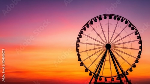 A large Ferris wheel creates a striking silhouette against the vibrant hues of a sunset sky, symbolizing a peaceful end to a fun day..