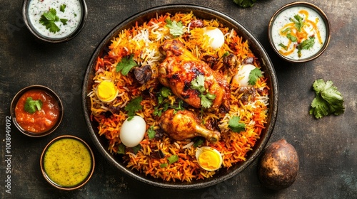 Flat lay of a beautifully plated Chicken Biryani with colorful basmati rice, chicken pieces, and a boiled egg, with small bowls of chutney and raita around it