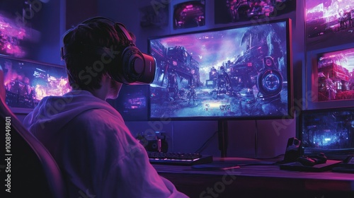 Gamer Wearing VR Headset Playing Video Game in a Dark Room with Neon Lights