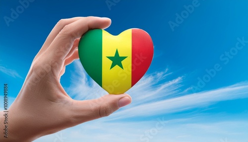 手で持っているセネガルの国旗のハートと青空(Heart of Senegal flag held in hand and blue sky.)
 photo