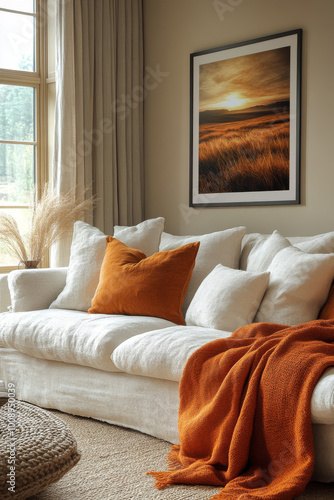 A cozy living room with a sofa, plant, and decor in the style of minimalistic figurative art, featuring soft edges and atmospheric effects, natural earthy tones