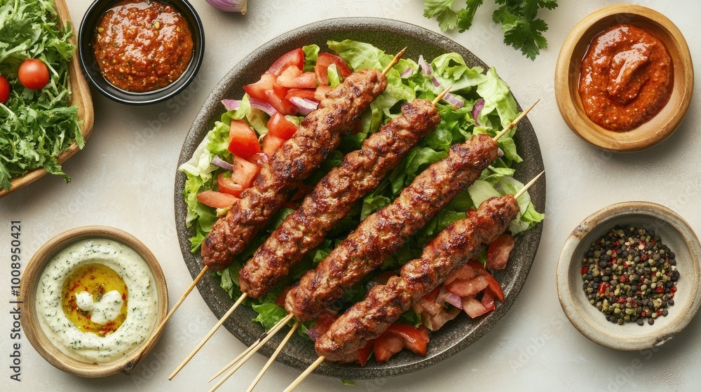 Flat lay of sizzling kebabs on skewers served with fresh salad, dips, and spices, creating a mouthwatering presentation against a clean, neutral background. Flat lay of sizzling kebabs on skewers served with fresh salad, dips, and spices, creating a mouthwatering presentation against a clean, neutral background.