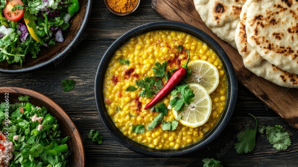 Flat lay of yellow lentil dal garnished with sliced chilies and lemon, served with a side of naan and fresh salad, Flat lay of yellow lentil dal garnished with sliced chilies and lemon, served with a side of naan and fresh salad,