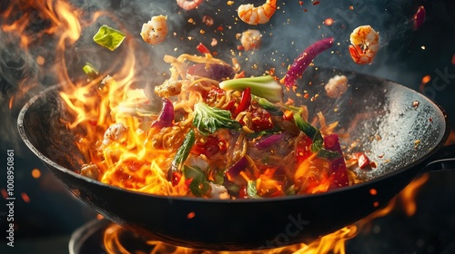 Freeze motion capture of a wok pan with colorful ingredients like noodles, bok choy, and seafood soaring through the air,