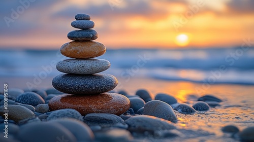 Balanced Stones at Sunset on a Beach