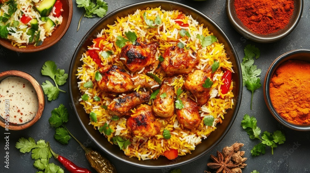 Overhead shot of a colorful Chicken Biryani dish with fragrant rice, tender chicken pieces, and a side of salad, Overhead shot of a colorful Chicken Biryani dish with fragrant rice, tender chicken pieces, and a side of salad,