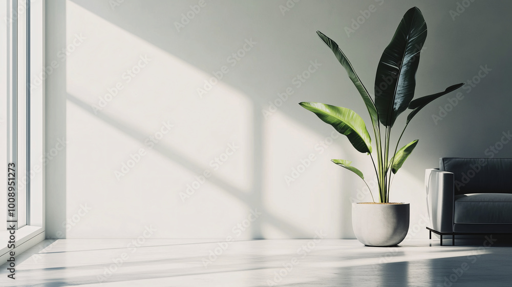 Minimalist living space with clean lines, a large potted plant adding a touch of green, and a monochrome color palette for the rest of the room Minimalist living space with clean lines, a large potted plant adding a touch of green, and a monochrome color palette for the rest of the room