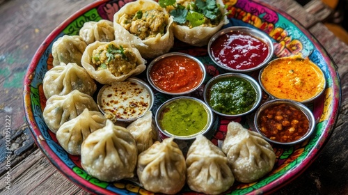 Overhead shot of a colorful platter filled with assorted momos, including vegetarian and chicken options,