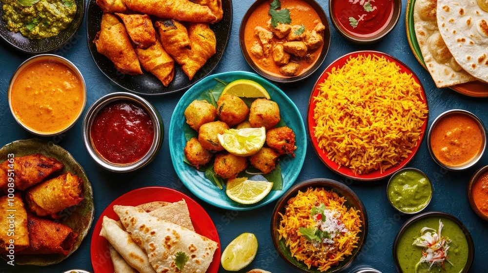 Overhead shot of a diverse Indian food spread, showcasing fried rolls, samosas, masala dosa, and chicken biryani, Overhead shot of a diverse Indian food spread, showcasing fried rolls, samosas, masala dosa, and chicken biryani,