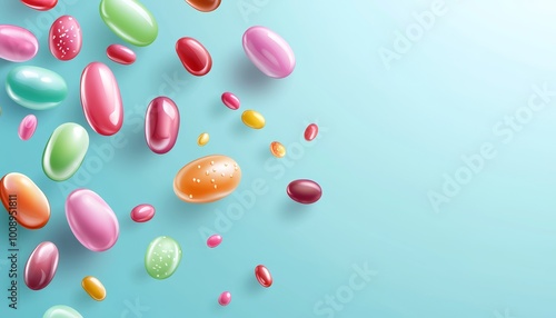 Vector illustration of assorted jelly beans scattered randomly on a light pastel blue background.