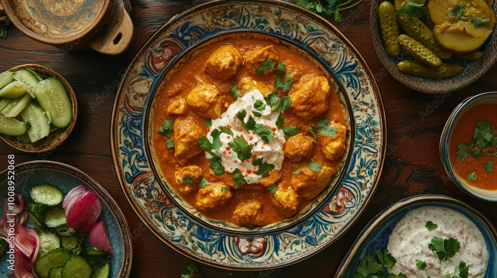 Overhead shot of a vibrant plate of chicken korma, served with colorful side dishes like raita and pickles, highlighting the rich textures Overhead shot of a vibrant plate of chicken korma, served with colorful side dishes like raita and pickles, highlighting the rich textures