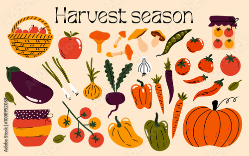 Set of various vegetables vector illustration in cartoon groovy funky style. Collection of different types of plants food stickers, clipart. Autumn harvest, fall, seasonal graphic elements for design