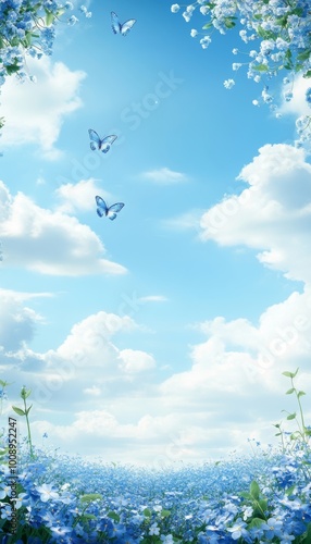 Blue Flowers Field, Butterflies, And Cloudy Sky With Copy Space. Spring Or Summer Border Design.