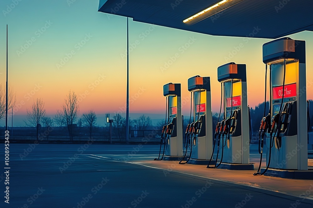 Gas station pumps illuminated at dusk with a sunset in the background Gas station pumps illuminated at dusk with a sunset in the background