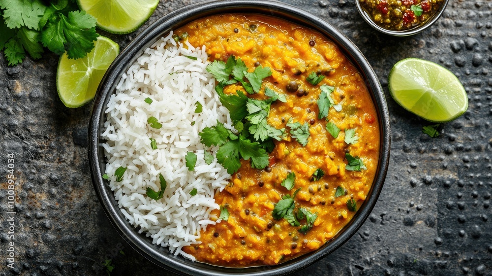 Top view of a bowl of spicy dal with a side of basmati rice, complemented by fresh lime wedges and a small bowl of chutney, on a textured surface. Top view of a bowl of spicy dal with a side of basmati rice, complemented by fresh lime wedges and a small bowl of chutney, on a textured surface.