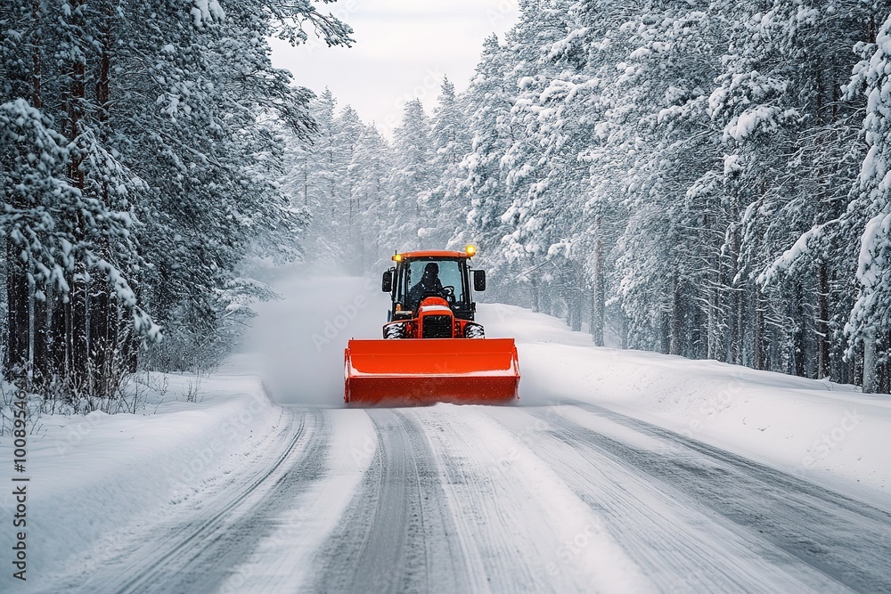 Snowplow clearing a snowy road in a forest during heavy snowfall Snowplow clearing a snowy road in a forest during heavy snowfall