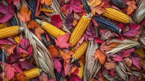 Autumnal colors were created by the scattering of colorful ornamental corncobs. photo