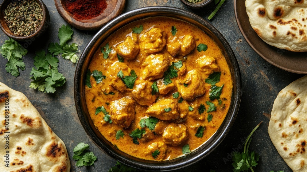 Top view of a serving of chicken korma in a traditional bowl, surrounded by spices and herbs, with naan bread artfully Top view of a serving of chicken korma in a traditional bowl, surrounded by spices and herbs, with naan bread artfully