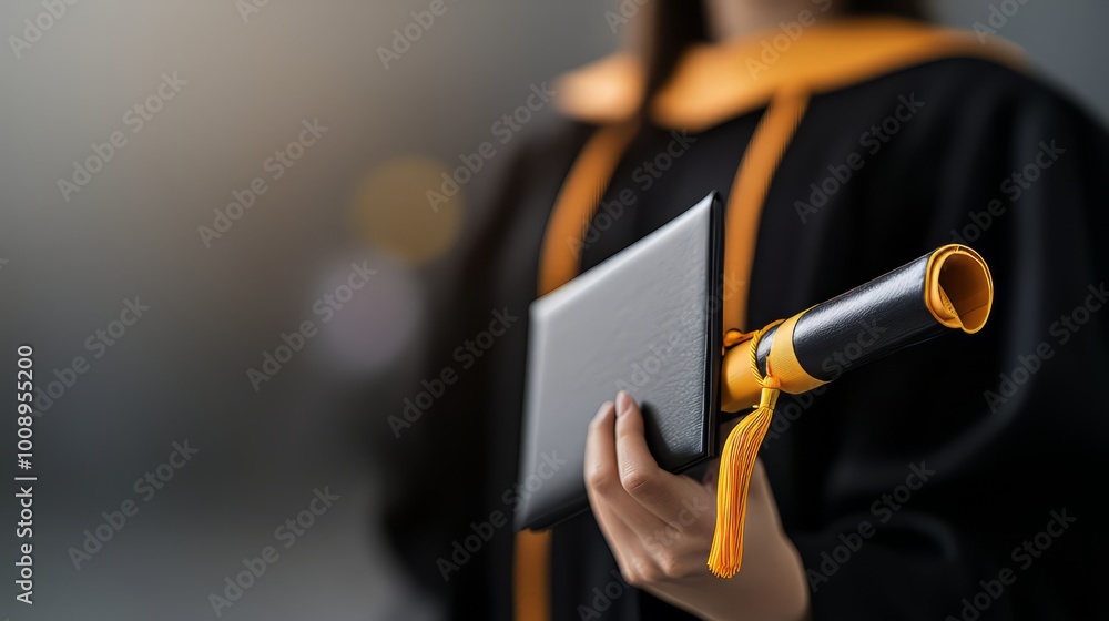 Fototapeta premium A proud graduate in a black gown holds a diploma with an orange ribbon, symbolizing achievement and academic success.