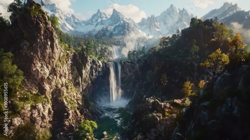 Majestic Waterfall Cascading Through a Mountain Gorge