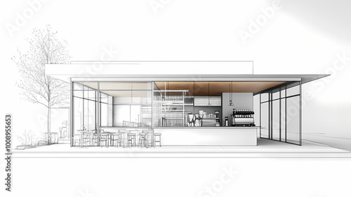 3D illustration of a modern minimalist coffee shop landscape. Architectural design perspective, construction of a fantasy building.