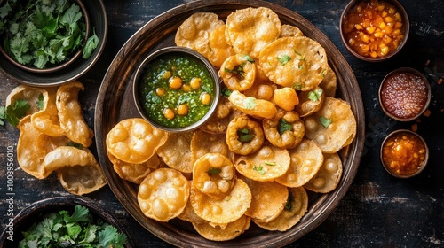 Wallpaper Mural Top view of an elegant platter filled with crispy pani puris, accompanied by bowls of tangy tamarind chutney and spicy water Torontodigital.ca