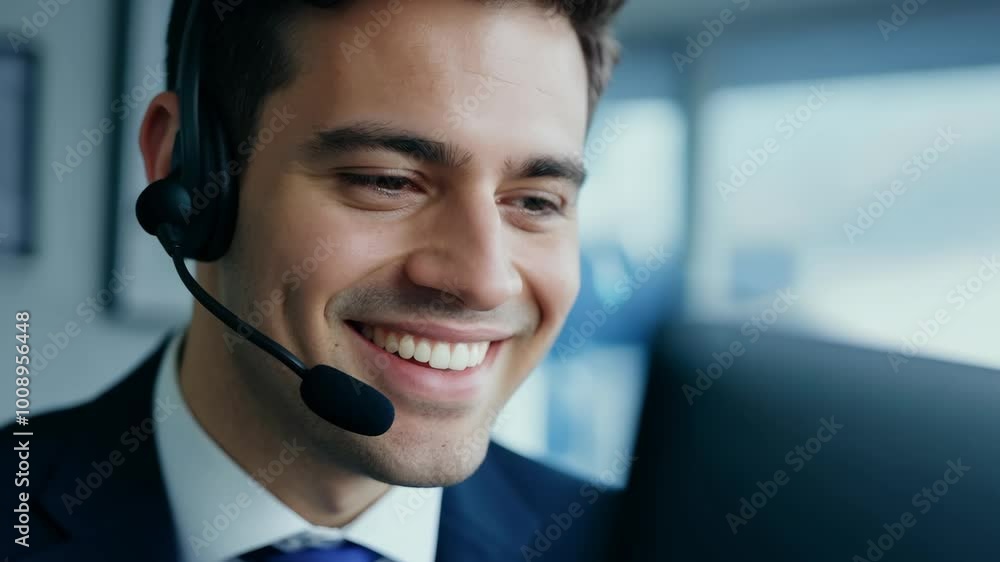 Smiling customer service representative with headset in a modern office Smiling customer service representative with headset in a modern office