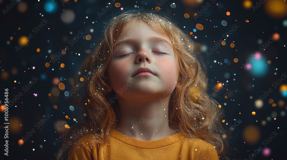 Little Girl Dreaming with Sparkling Lights Little Girl Dreaming with Sparkling Lights
