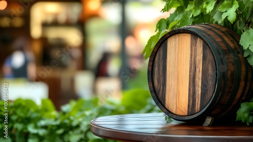 Elegance of Oak: A Wine Barrel Displayed on Outdoor Table photo