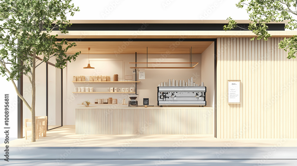 3D illustration of a modern minimalist coffee shop landscape. Architectural design perspective, construction of a fantasy building. 3D illustration of a modern minimalist coffee shop landscape. Architectural design perspective, construction of a fantasy building.
